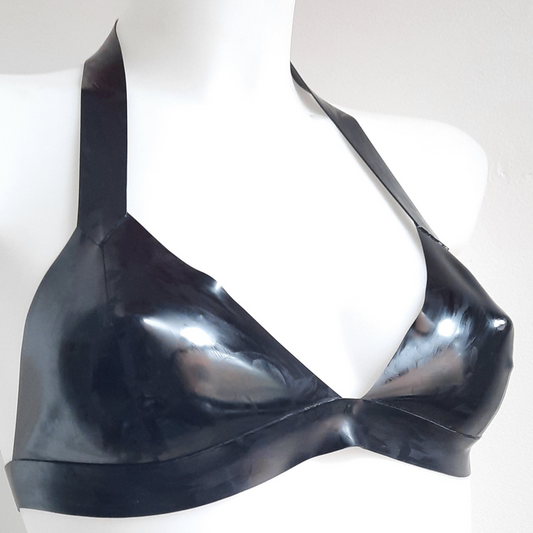 Black Latex Bikini Bralette - Thick 1.05mm band and strap, cups joining in center. Halter Strap
