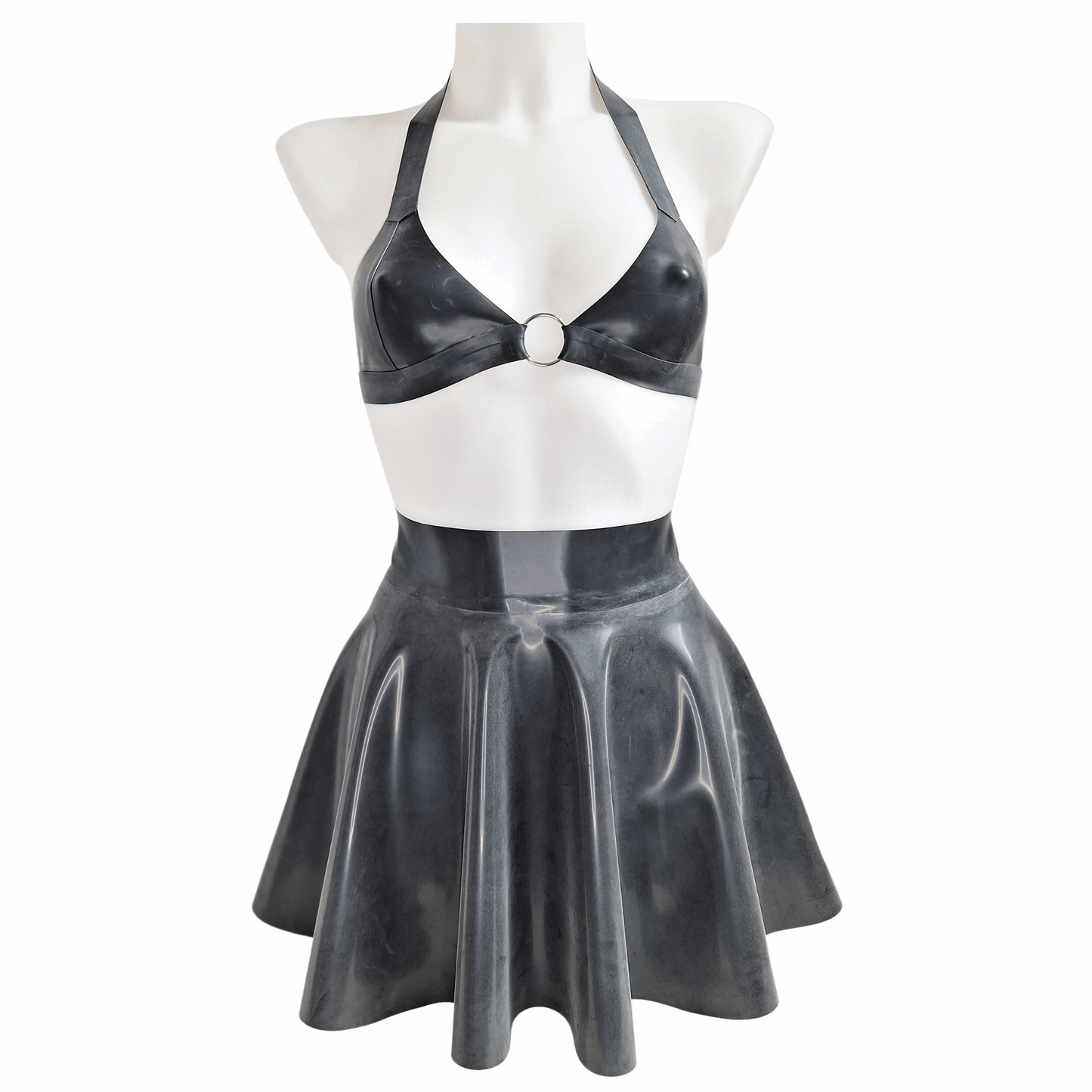 Latex Skater Skirt shown in black with a matching black O ring bralette on a mannequin