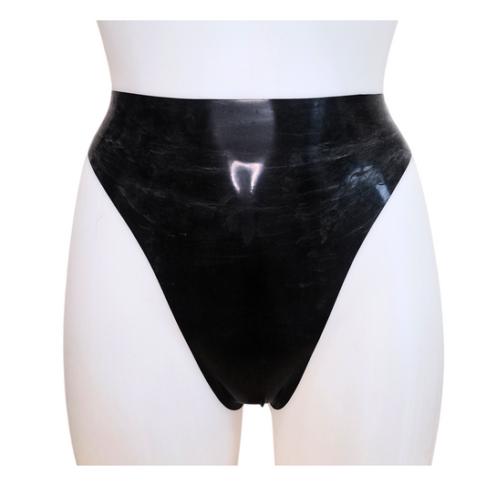 Black Latex high waisted, high leg cut thong knickers/panties - front view
