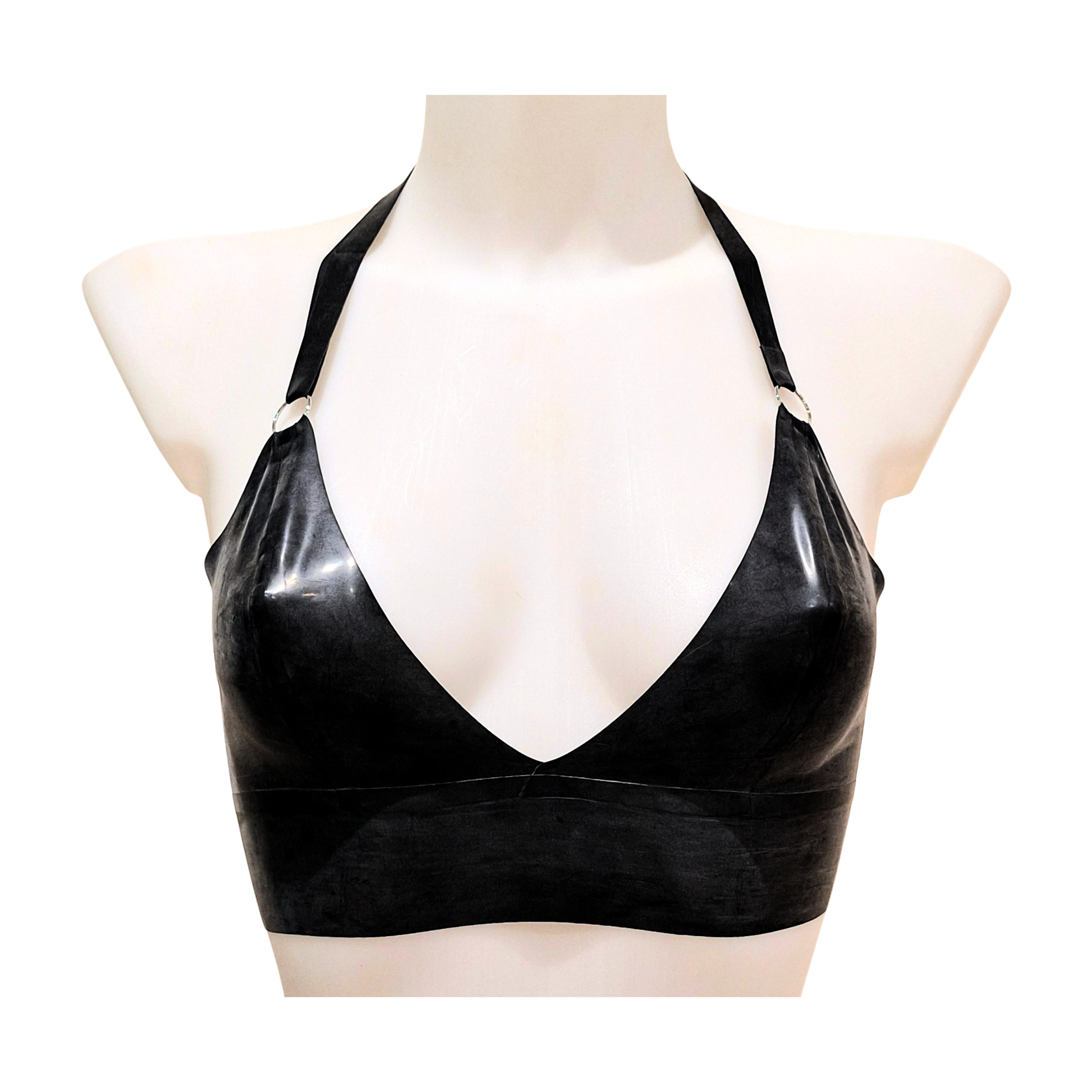 Latex soft cup latex bralette or crop top with a wide band and an adjustable halter strap. Shown here in black, more colours are available.