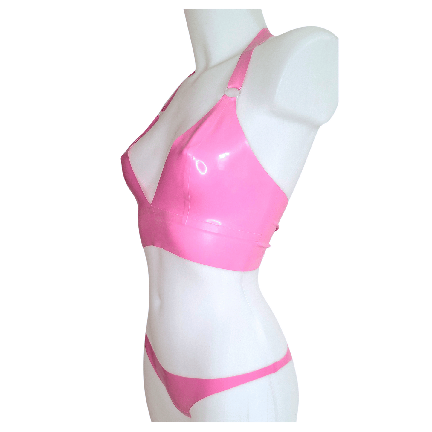 Bubblegum Pink Latex Longline Bra Top,  Knickers & Skater Skirt Set