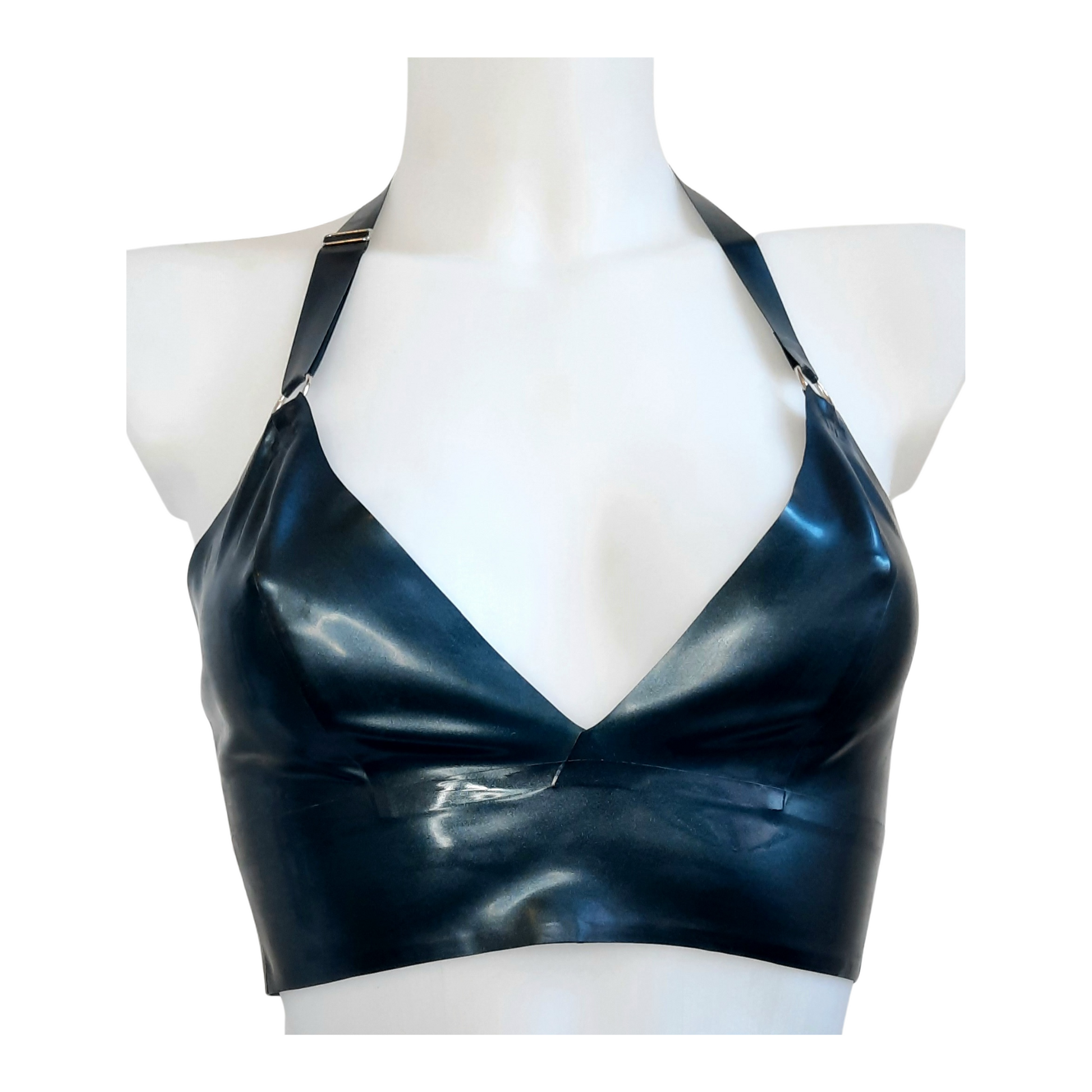 Metallic black latex longline bra top, the metallic black has a beautiful blue/peacock tint to the latex and is not a true black.