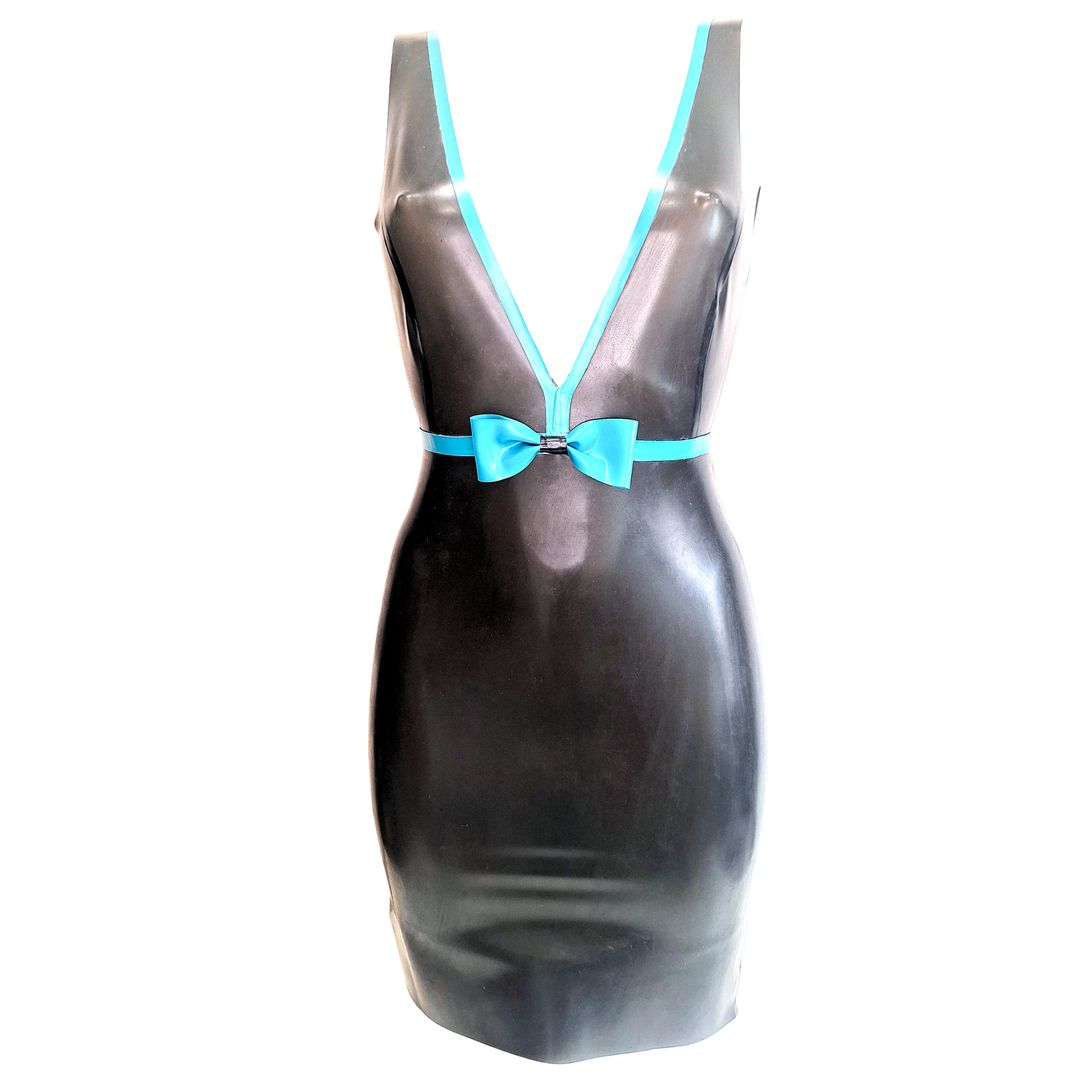 A latex fitted dress with princess seams, very low V front, contrast colour latex trim & bow