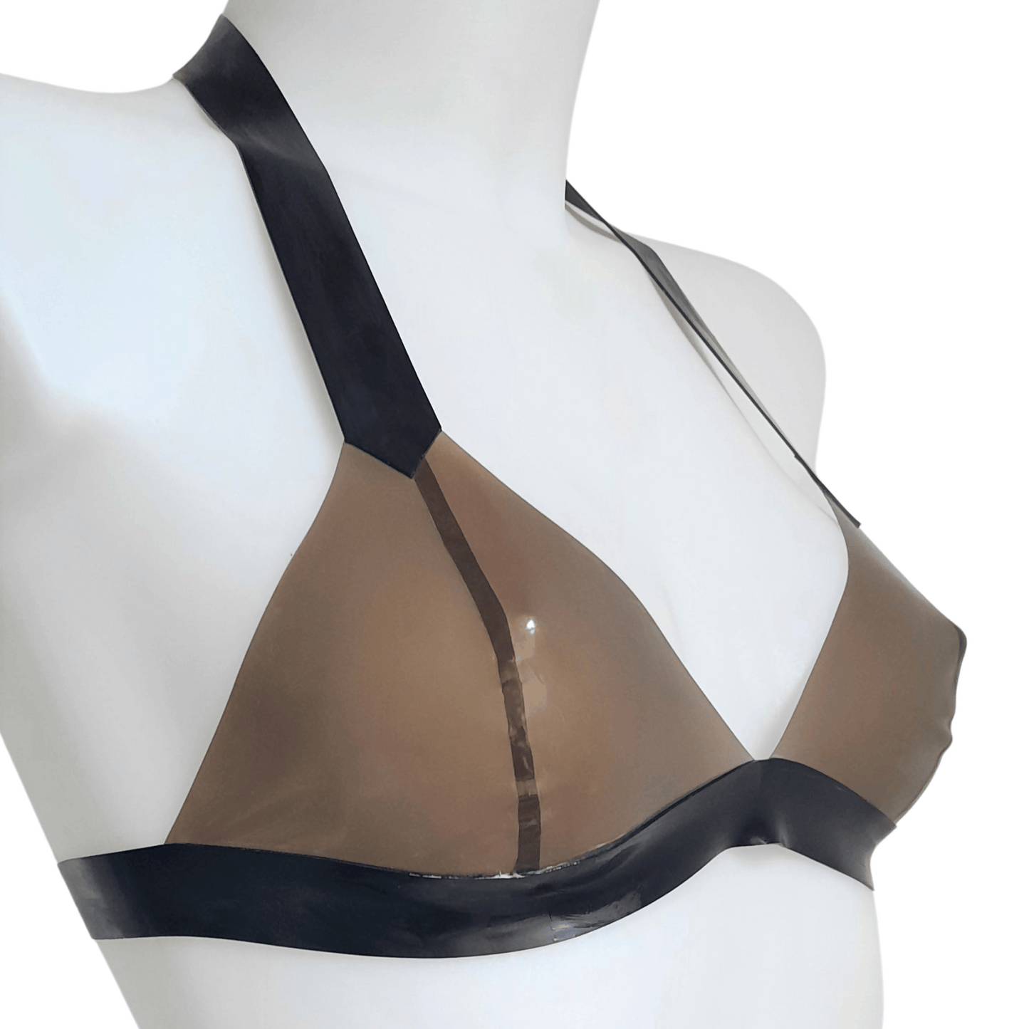 Transparent Black  Latex Bikini Bralette - Thick 1.05mm band and strap, cups joining in center. Halter Strap