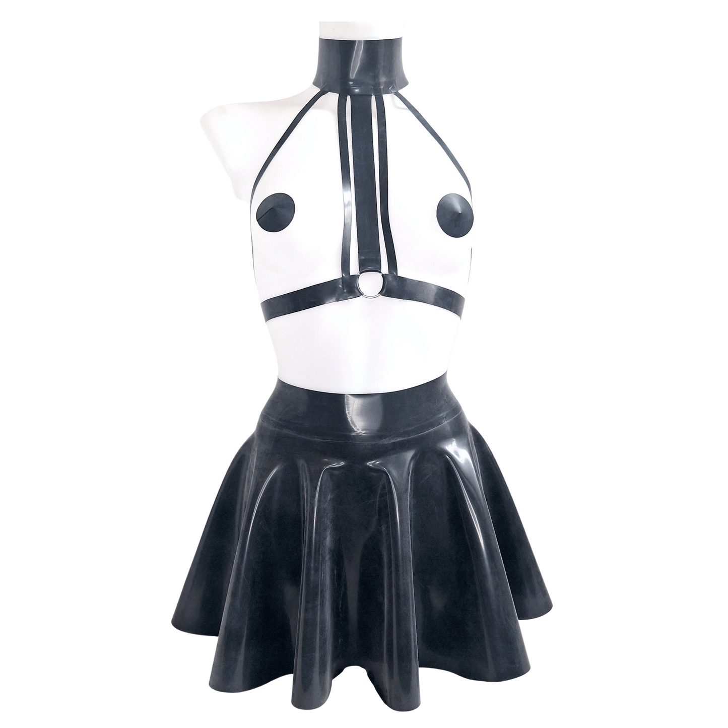 Black Latex Chest Harness, Latex Skater Skirt, Knickers & Pasties Set