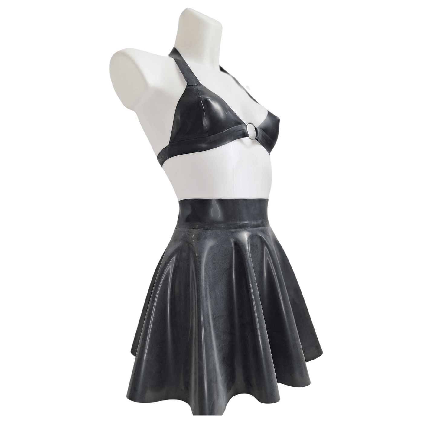 Black Latex O Ring Bra & Skater Skirt Set