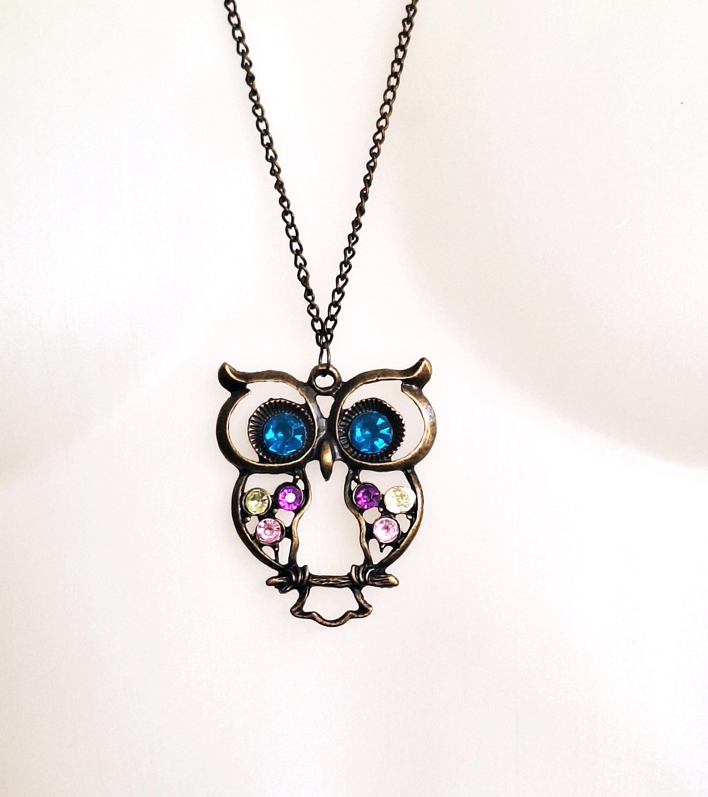 Kitsch Jewelled Bronze Owl Necklace