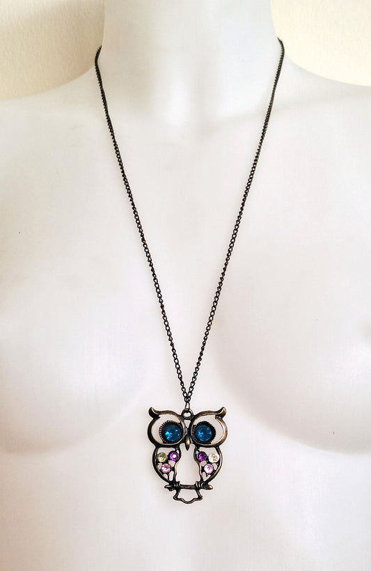 Kitsch Jewelled Bronze Owl Necklace