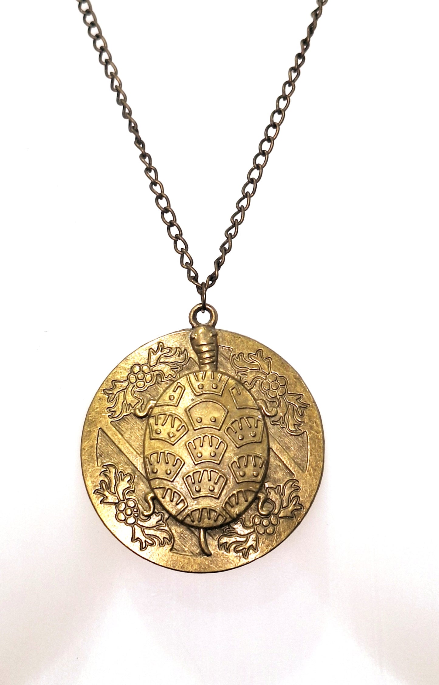 Big bronze turtle disc necklace. Long 22" chain.