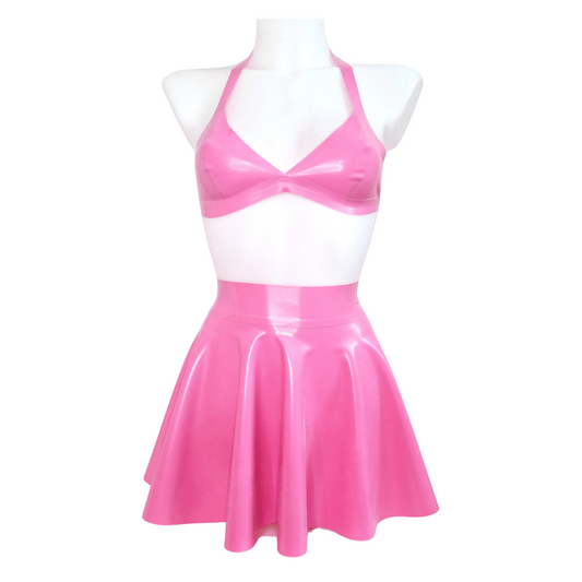 Bubblegum Pink Latex Bralette, Latex Skater Skirt & Knickers Set