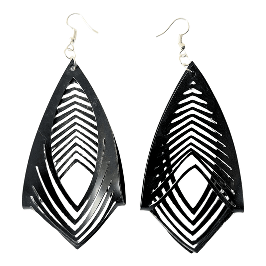 Black Laser Cut Latex Oval Twist Drop Earrings