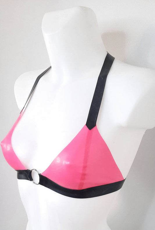 Metallic Fuchsia Pink Latex O Ring Bralette Soft Bra Top Rubber Bra