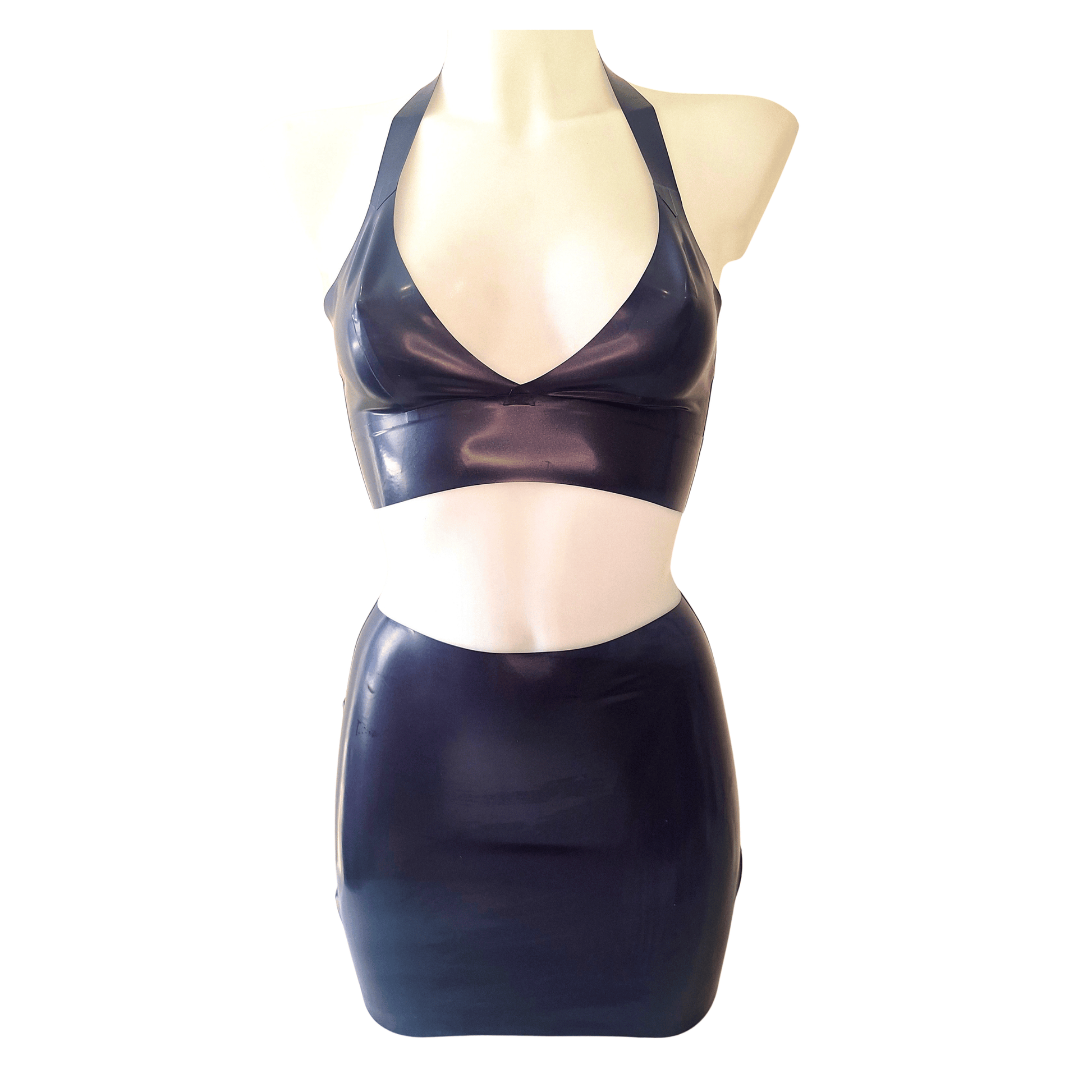 Dark metallic Purple latex mini skirt shown with matching metallic purple latex Longline Bra Top - sold separately 