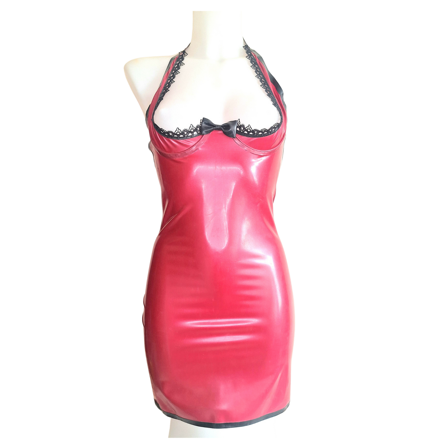 Latex Lace Trimmed Open Cup, Strappy Latex Mini Dress