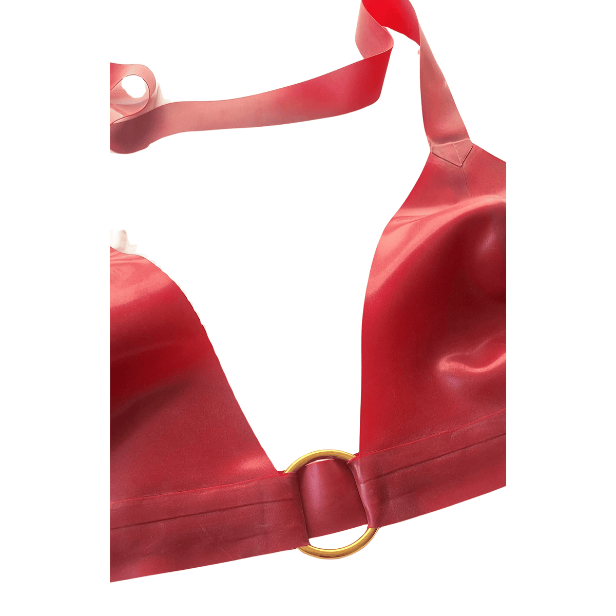 Metallic Red Latex, Gold O Ring Bralette - L