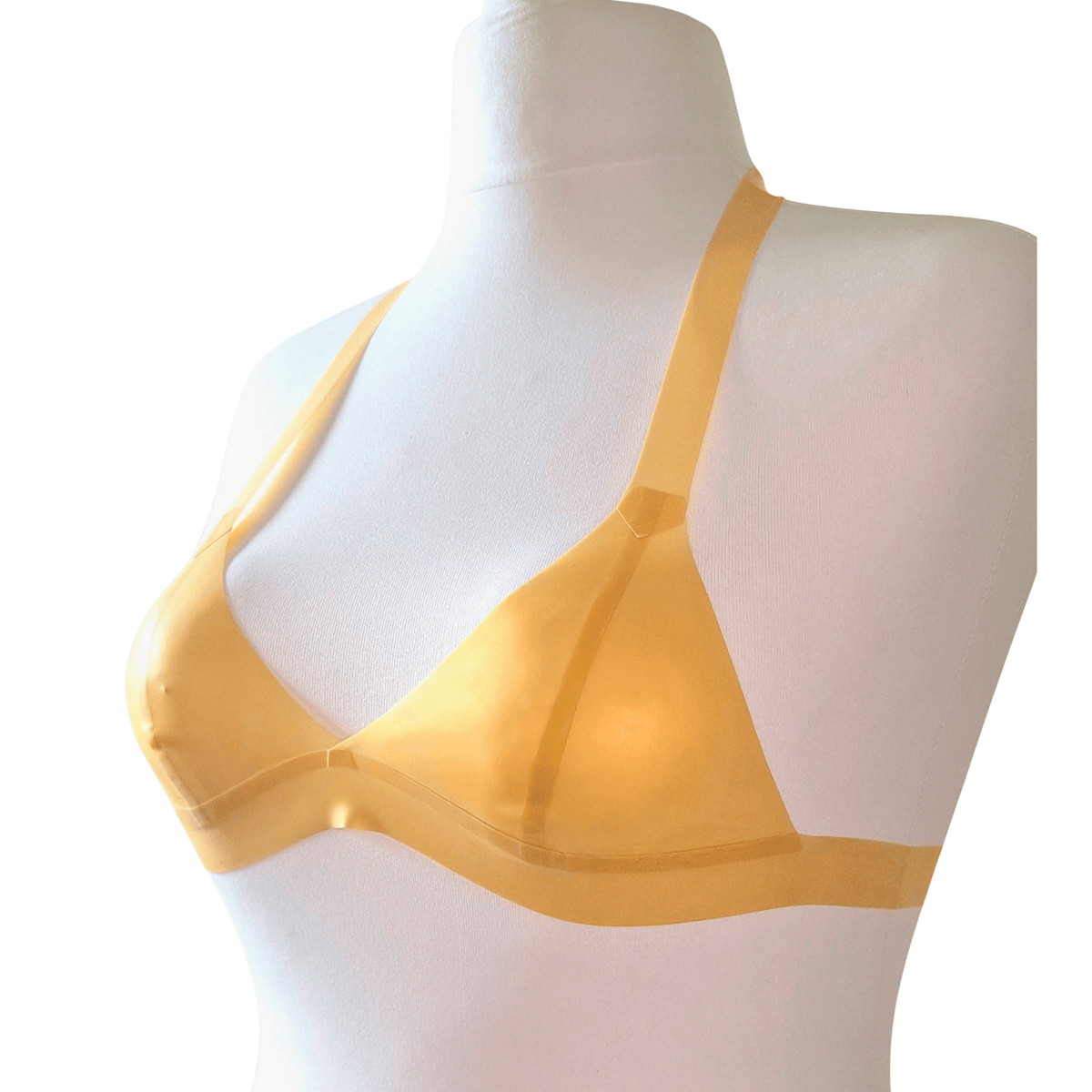 A cute pearlsheen gold latex bikini bralette in size small - Small cups UK A/B with a 66cm band - stretches up to 75cm ish

Brand new sample, made for photo's

Non Wired, bikini style with halter neck strap
