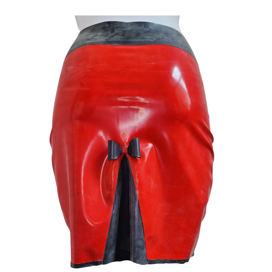 READY TO SHIP SAMPLE SIZE S - Red & Black Latex Kick Flare Pencil Skirt.