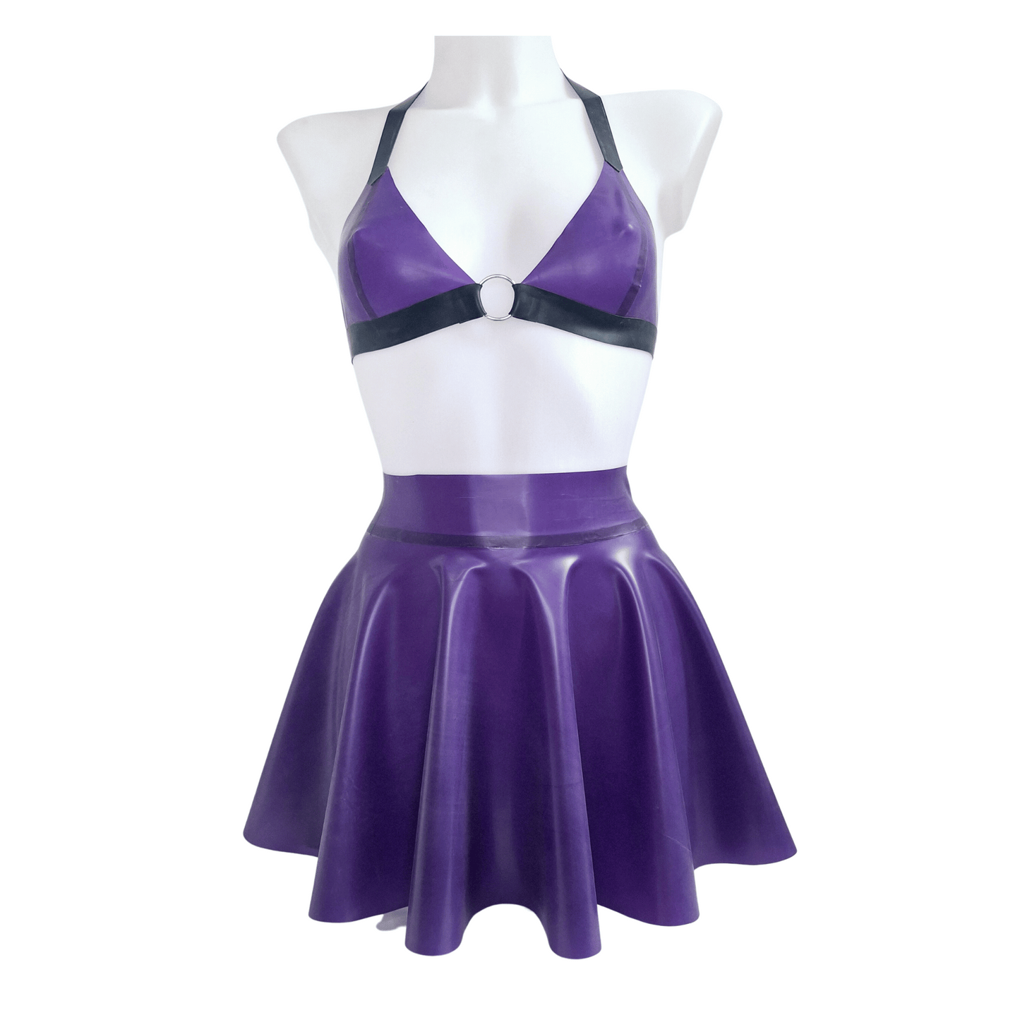 Semi Transparent Mauve Purple Latex O Ring Bra, Knickers & Skater Skirt Set