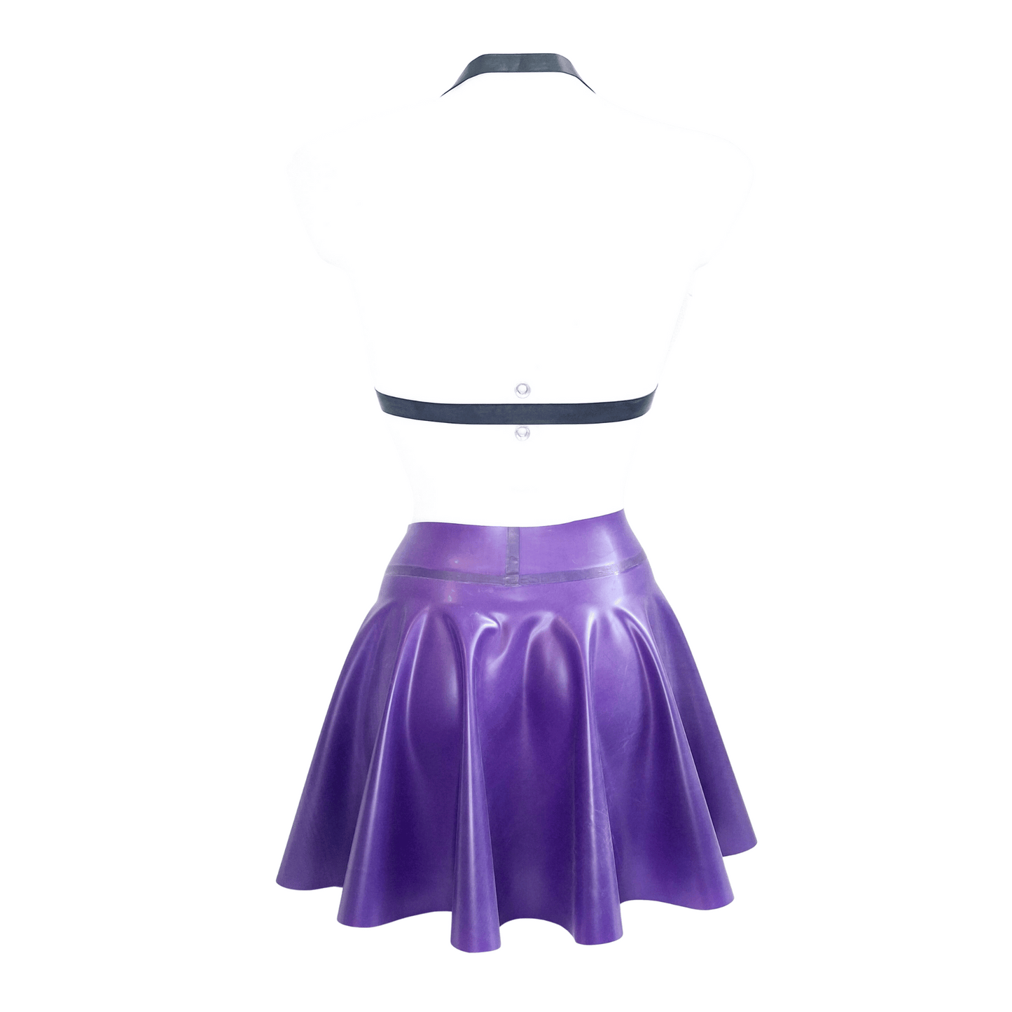 Semi Transparent Mauve Purple Latex O Ring Bra, Knickers & Skater Skirt Set