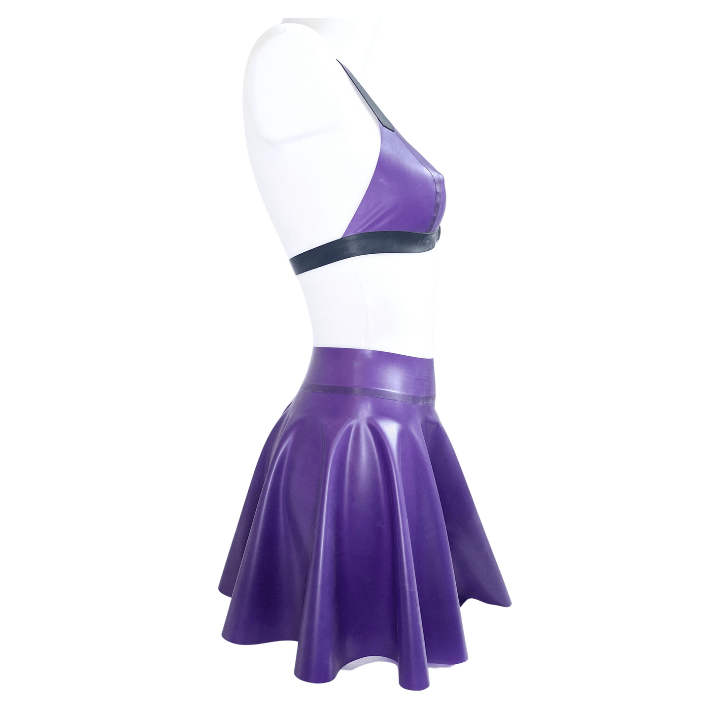 Semi Transparent Mauve Purple Latex O Ring Bra, Knickers & Skater Skirt Set