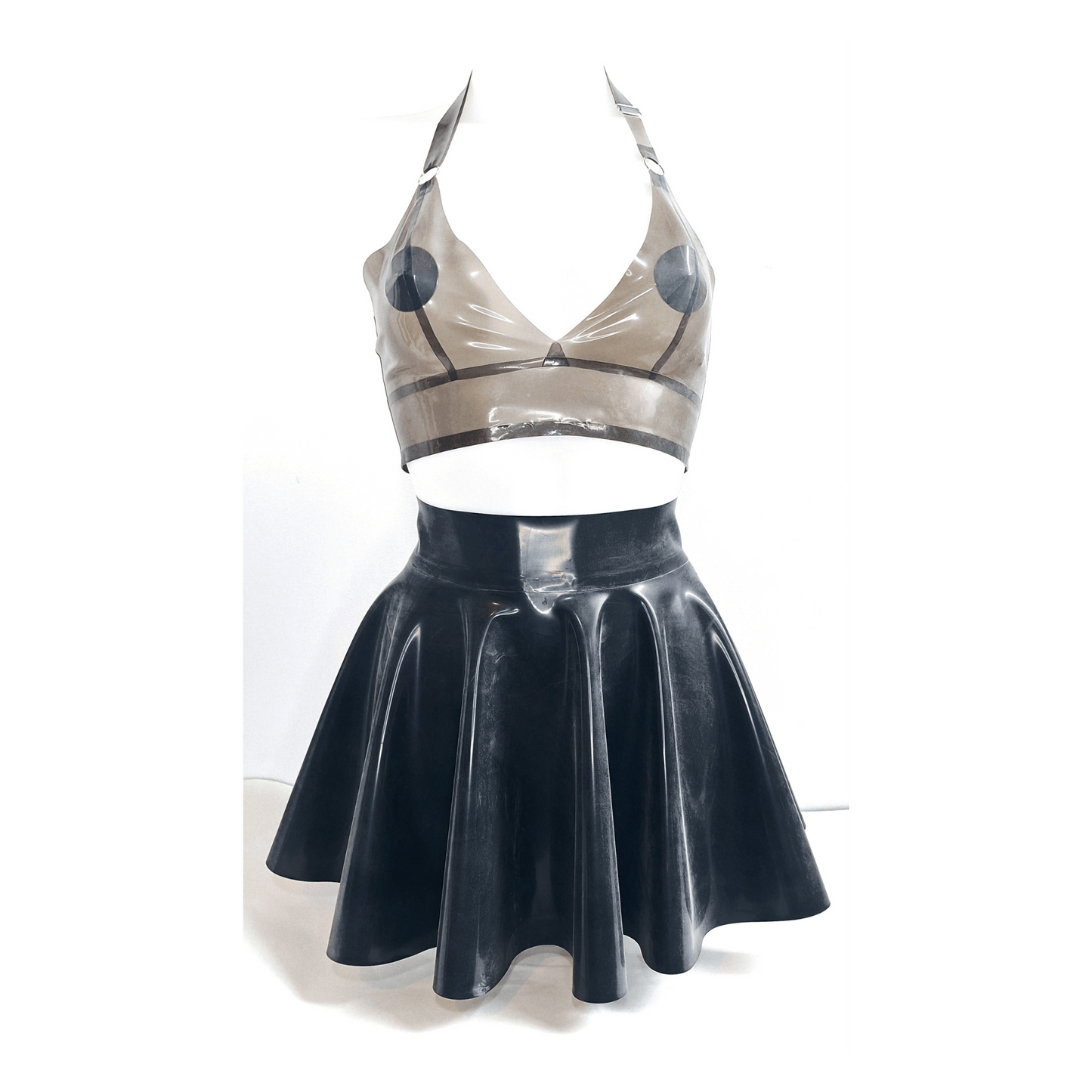 Semi Transparent Smoke Black Longline Bra Top Skater Skirt Set Liberty Latex