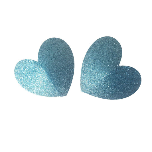 A pair of Light Blue Glitter Heart Nipple Pasties  Large hearts are: 11cm at the widest parts (edge of heart) with an approx. coverage of 7-8cm Medium hearts are 9cm at the widest point with an approx. coverage of 5-6 cm Small hearts are 6cm with a coverage of 3-4 cm