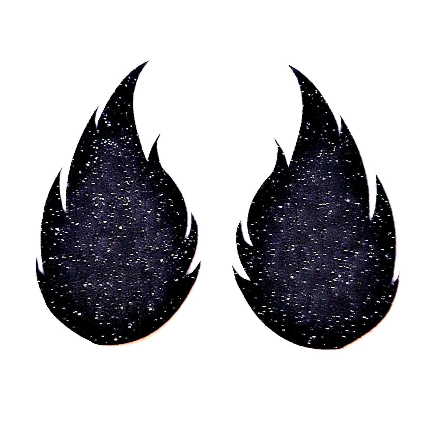 A pair of Big black glittery Flame Nipple pasties.  The widths are approx: small, 5 x9, Medium - 8cm wide x 13cm high, & large 10 x 15.  I can make them any height and width, just pop me a message.A pair of Big black glittery Flame Nipple pasties.  The widths are approx: small, 5 x9, Medium - 8cm wide x 13cm high, & large 10 x 15.  I can make them any height and width, just pop me a message.