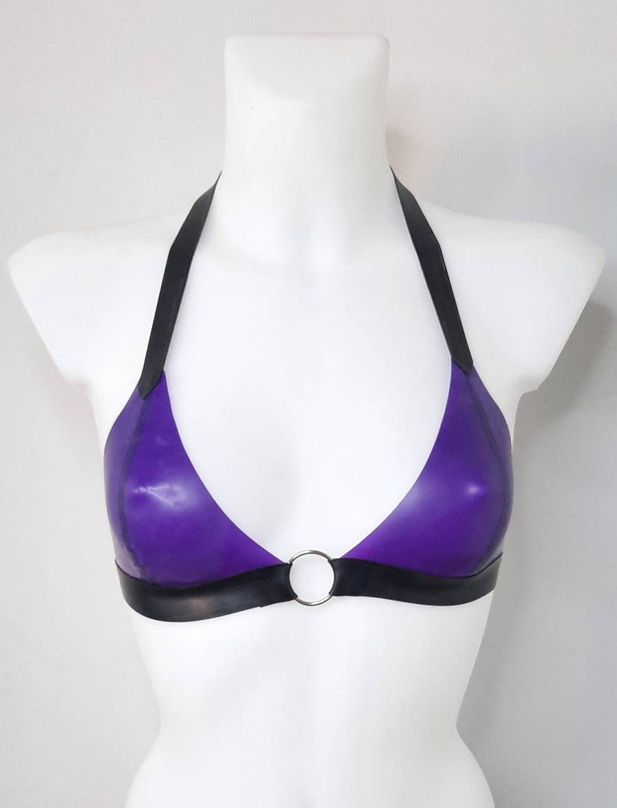 Transparent Mauve Purple Latex O Ring Bralette Soft Bra Top Rubber Bra