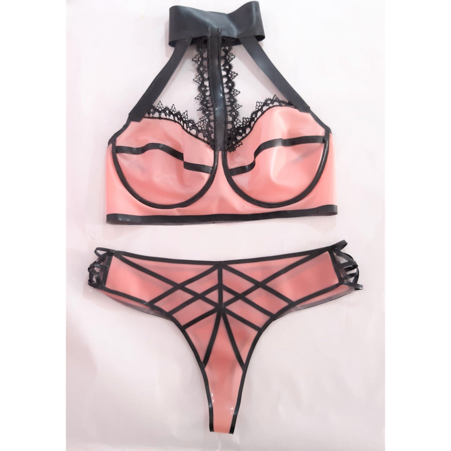 Transparent Pink Latex & Lace Choker Harness Bra Top, Rubber Bra